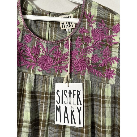 Sister Mary Embroidered Paloma Shift Dress Cotton Plaid Floral Flutter Sleeve S - Picture 4 of 7